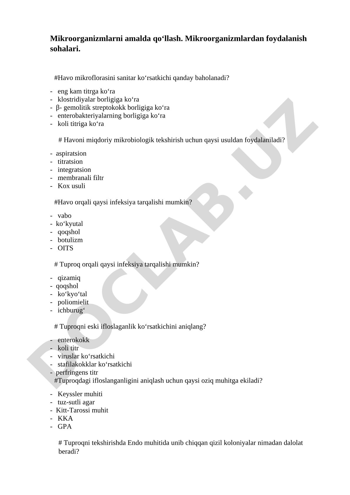 Mikroorganizmlarni amalda qo‘llash va mikrobiologik tekshirish usullari