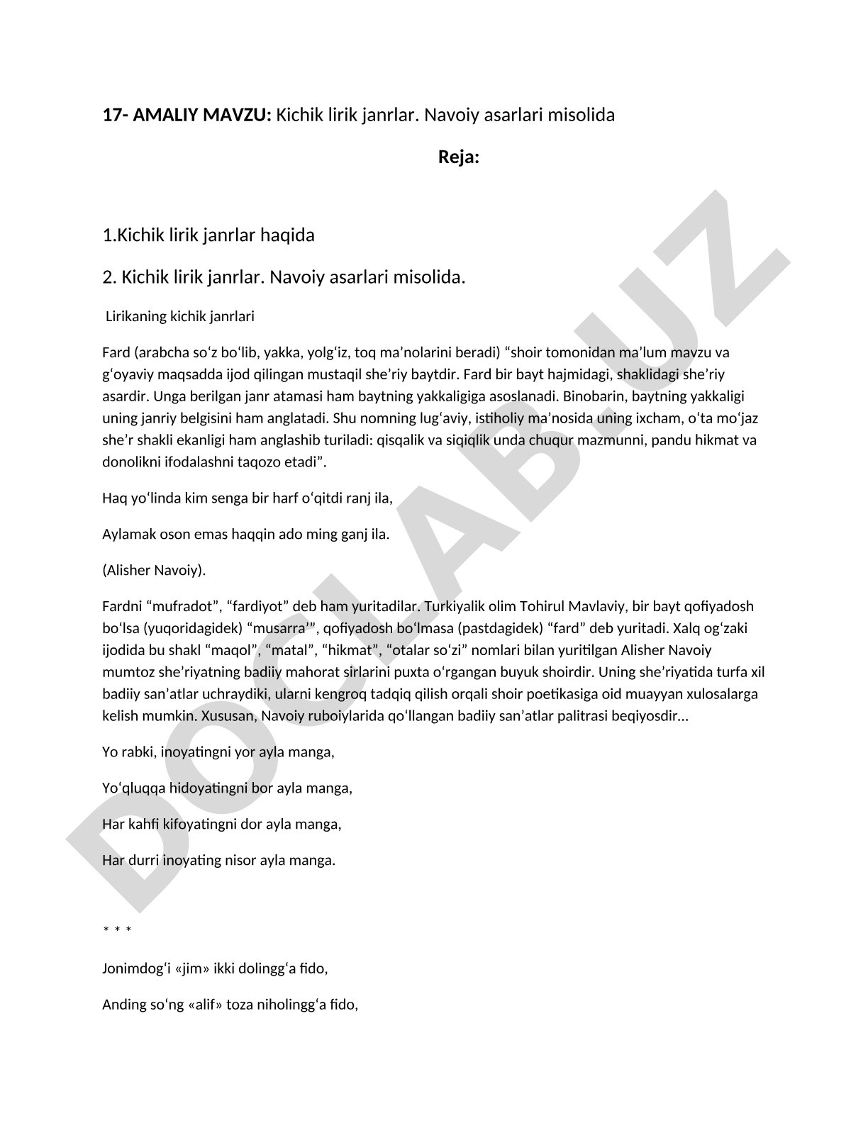 Kichik lirik janrlar. Navoiy asarlari misolida