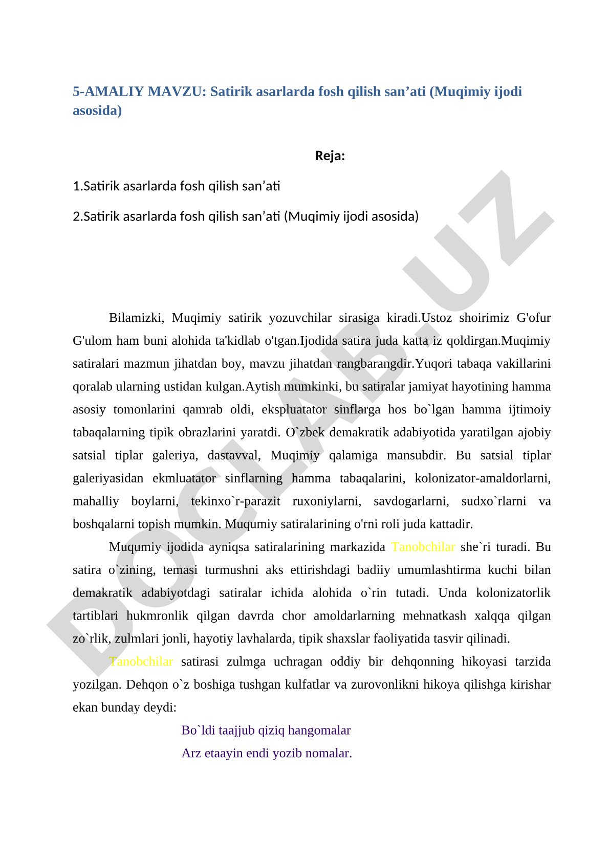 Satirik asarlarda fosh qilish san'ati (Muqimiy ijodi asosida)