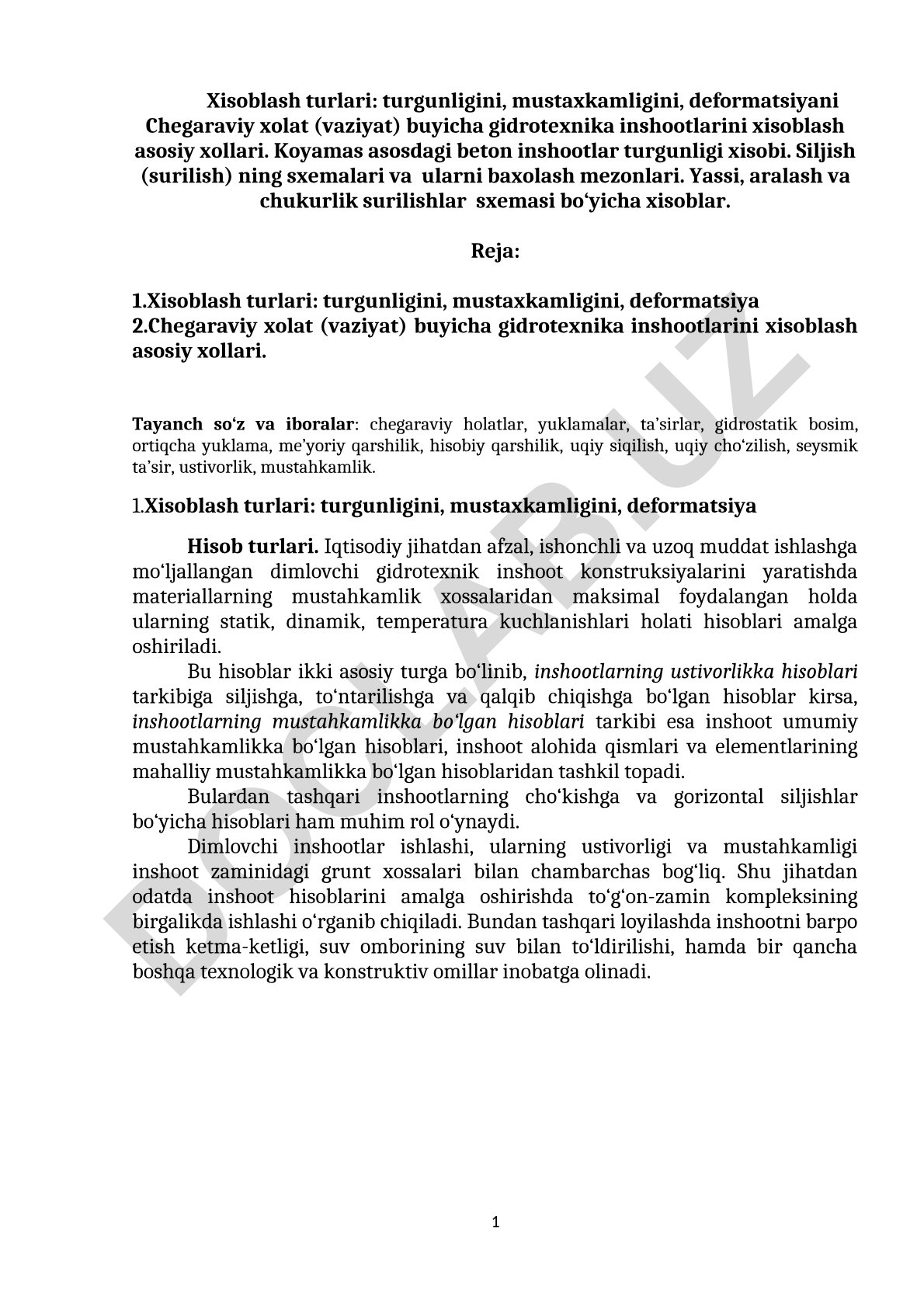 Gidrotexnika inshootlarining chegaraviy holatlar bo'yicha hisoblash turlari