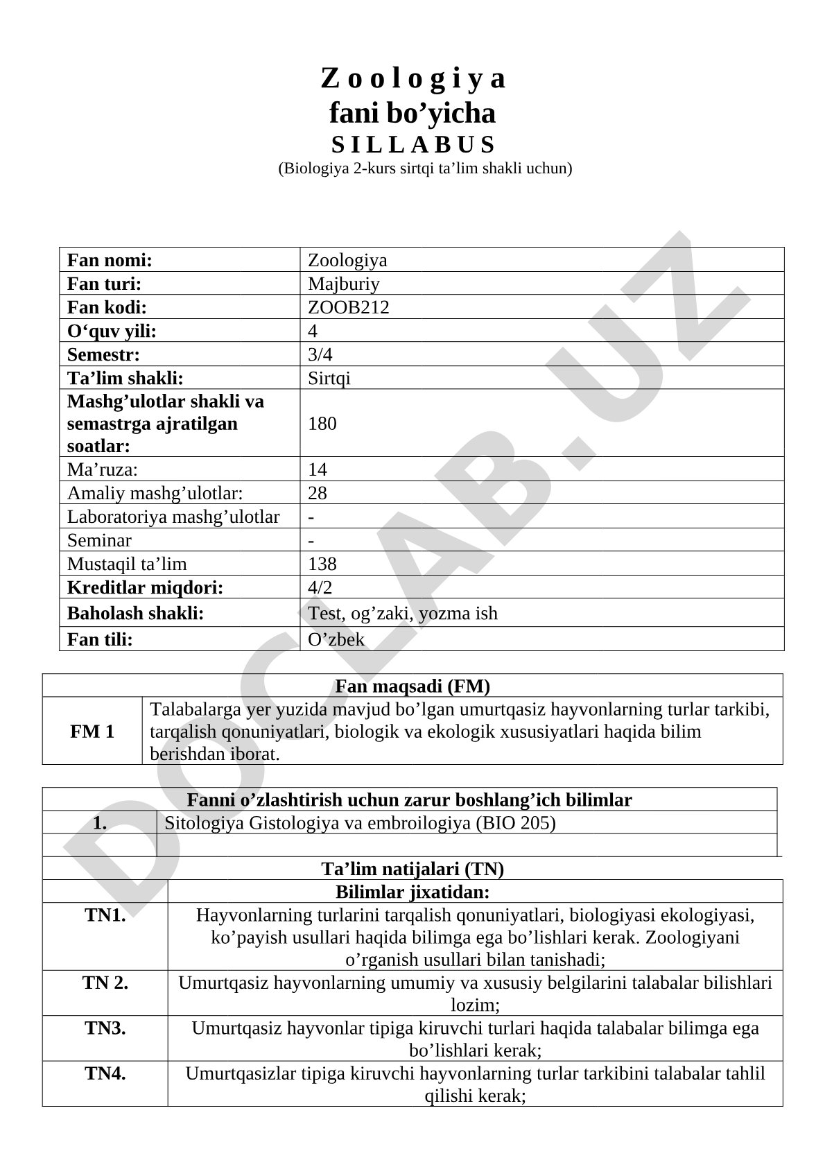 Zoologiya fani bo'yicha Sillabus