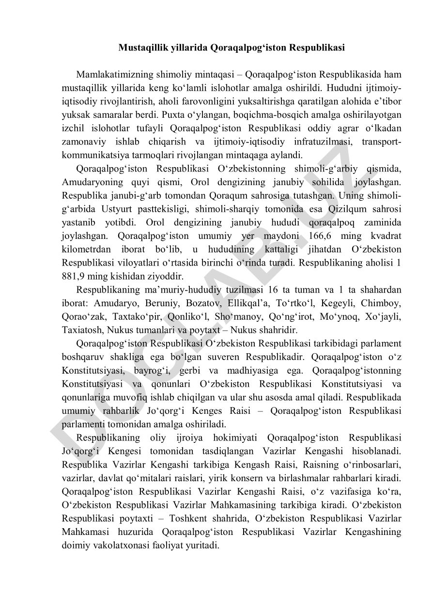 Mustaqillik yillarida Qoraqalpog‘iston Respublikasining ijtimoiy-iqtisodiy rivojlanishi