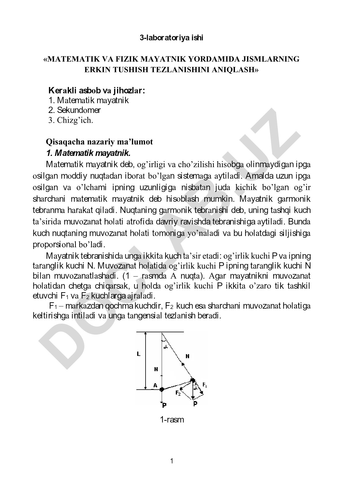 Matematik va fizik mayatnik yordamida jismlarning erkin tushish tezlanishini aniqlash