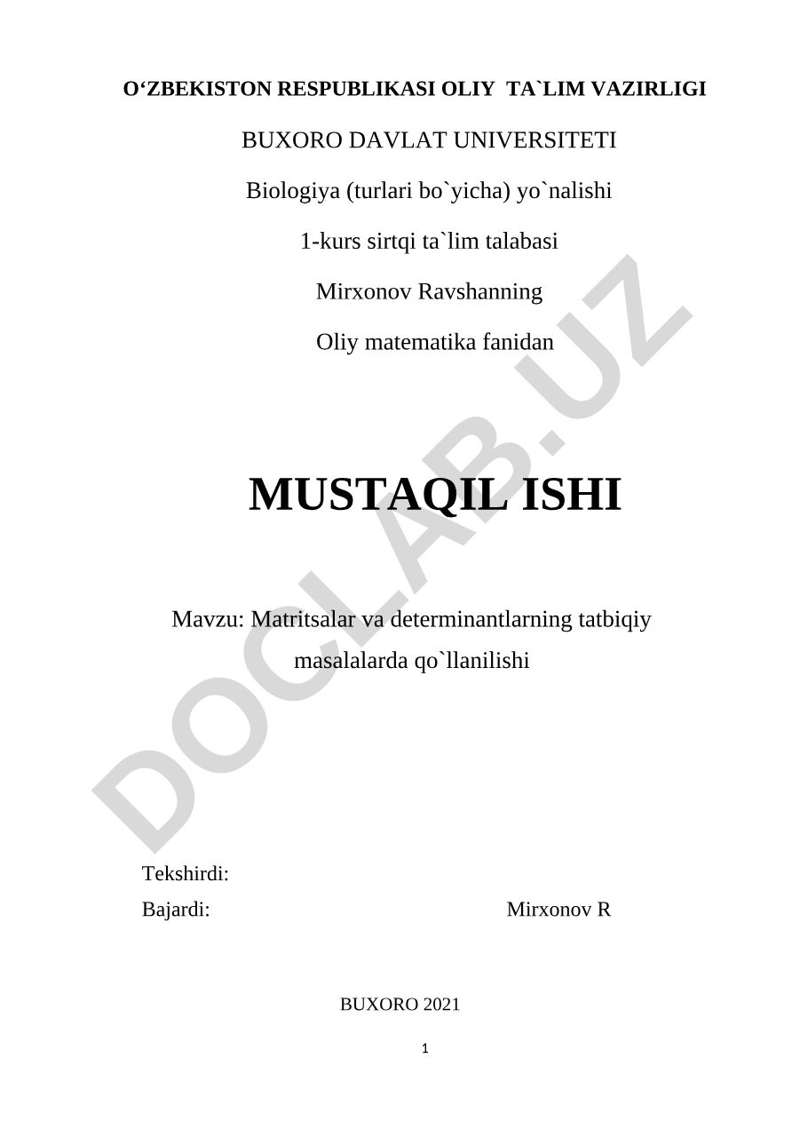 Matritsalar va determinantlarning tatbiqiy masalalarda qo'llanilishi