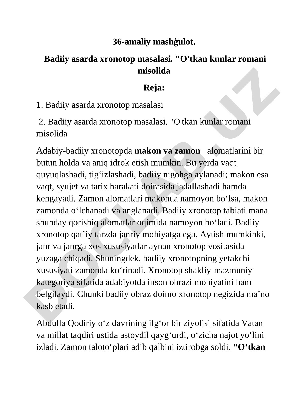 Badiiy asarda xronotop masalasi (O'tkan kunlar romani misolida)