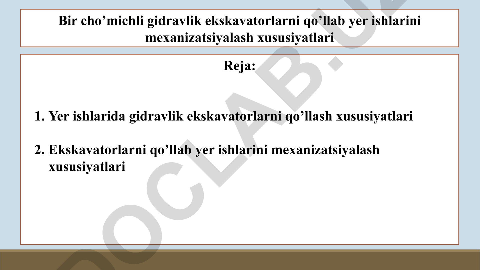 Bir cho'michli gidravlik ekskavatorlarni qo'llab yer ishlarini mexanizatsiyalash xususiyatlari