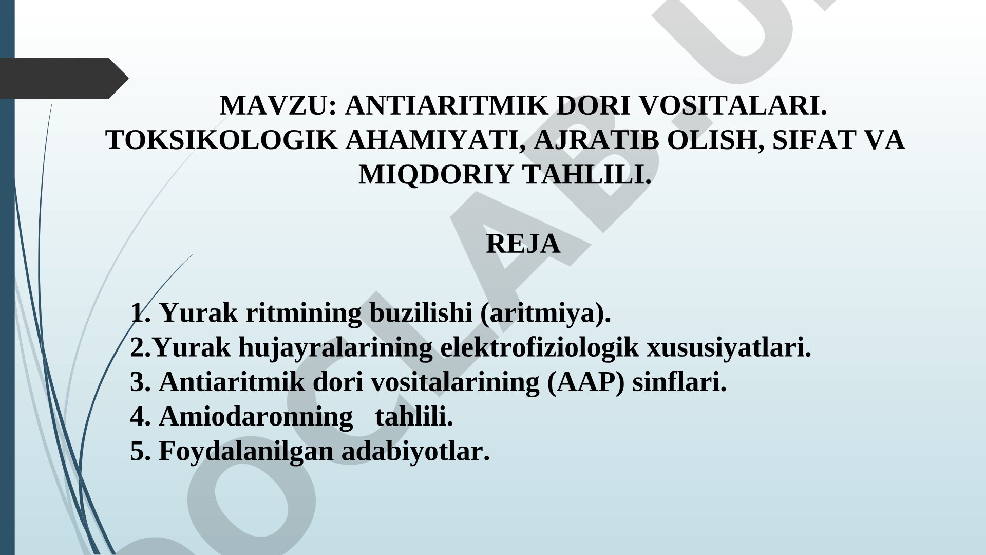 Antiaritmik dori vositalari. Toksikologik ahamiyati, ajratib olish, sifat va miqdoriy tahlili