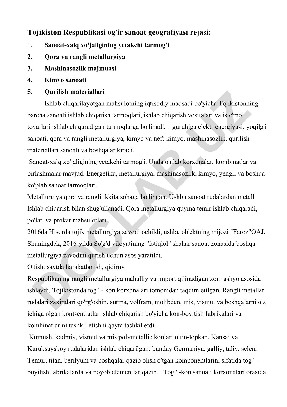 Tojikiston Respublikasi og'ir sanoat geografiyasi rejasi