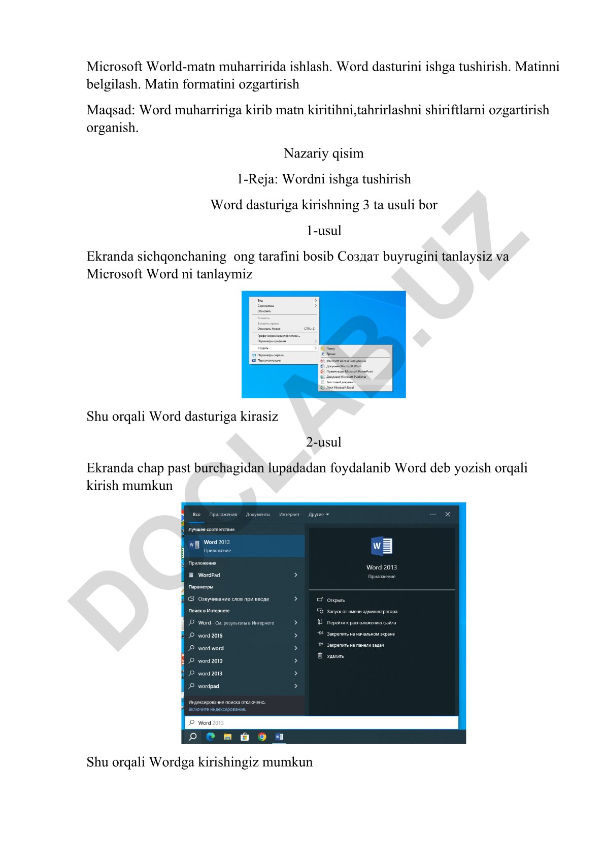 Microsoft Word dasturida ishlash va matn formatini o'zgartirish