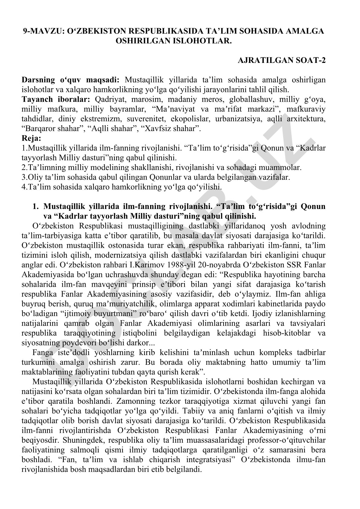 Oʻzbekiston Respublikasida ta’lim sohasida amalga oshirilgan islohotlar