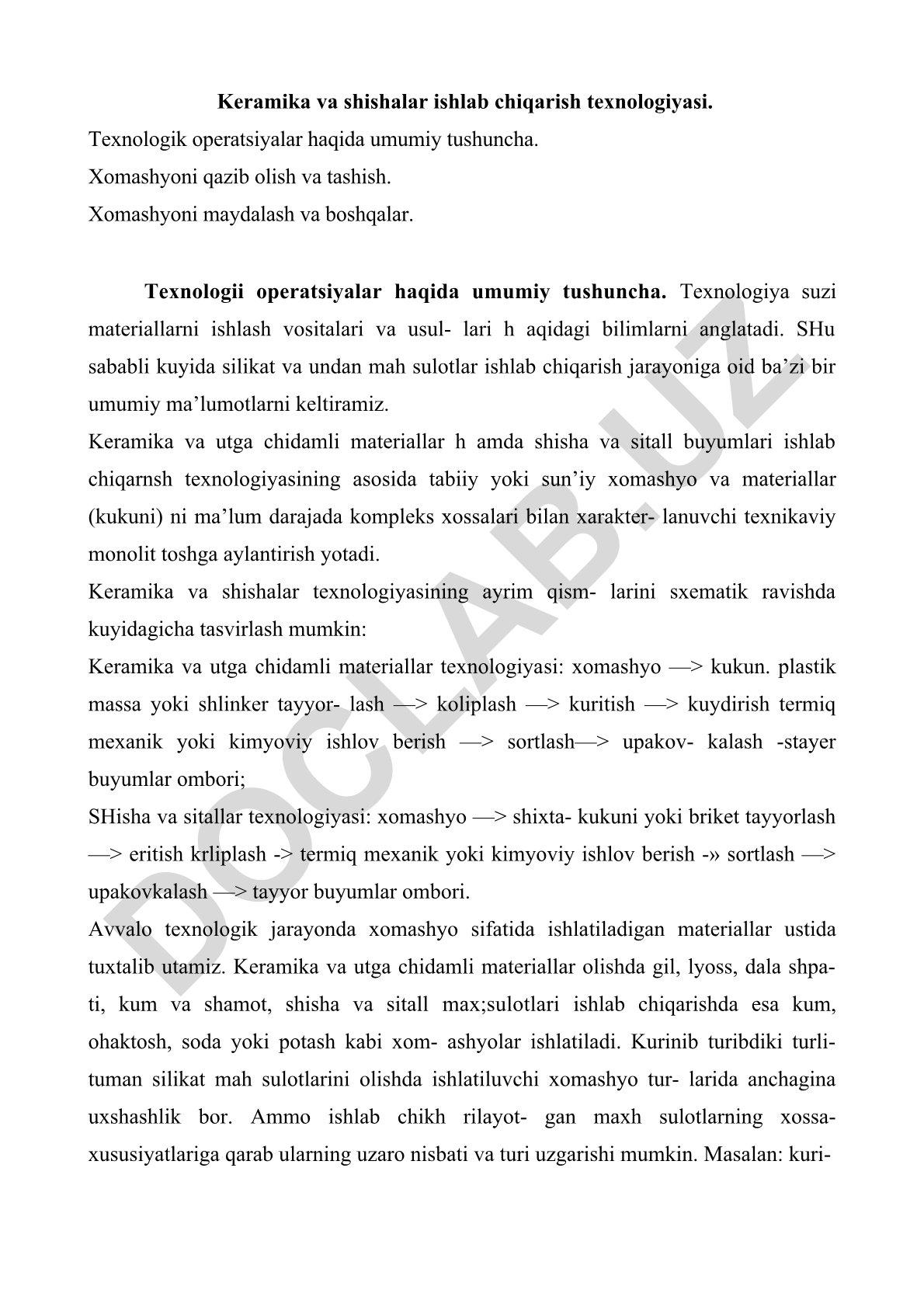 Keramika va shishalar ishlab chiqarish texnologiyasi