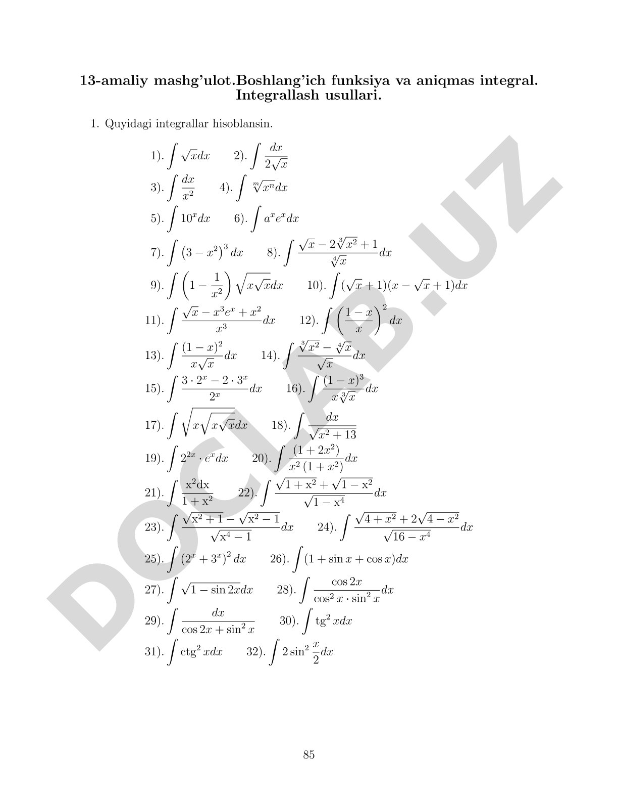 Boshlang'ich funksiya va aniqmas integral. Integrallash usullari