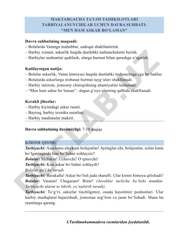 Maktabgacha ta'lim tashkilotlari tarbiyalanuvchilari uchun "Men ham askar bo'laman" davra suhbati