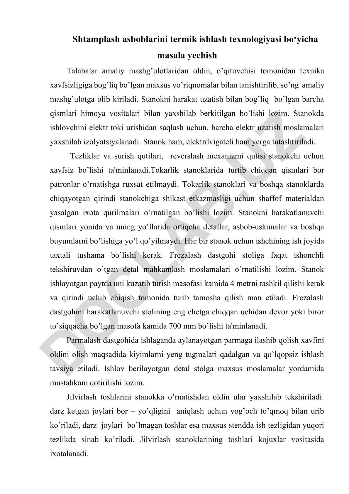 Shtamplash asboblarini termik ishlash texnologiyasi bo'yicha masala yechish