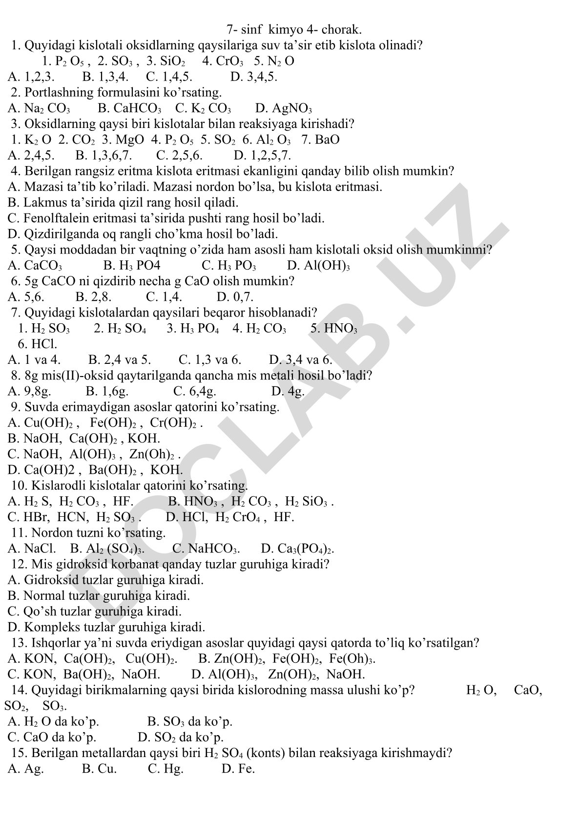 7-sinf kimyo 4-chorak test savollari