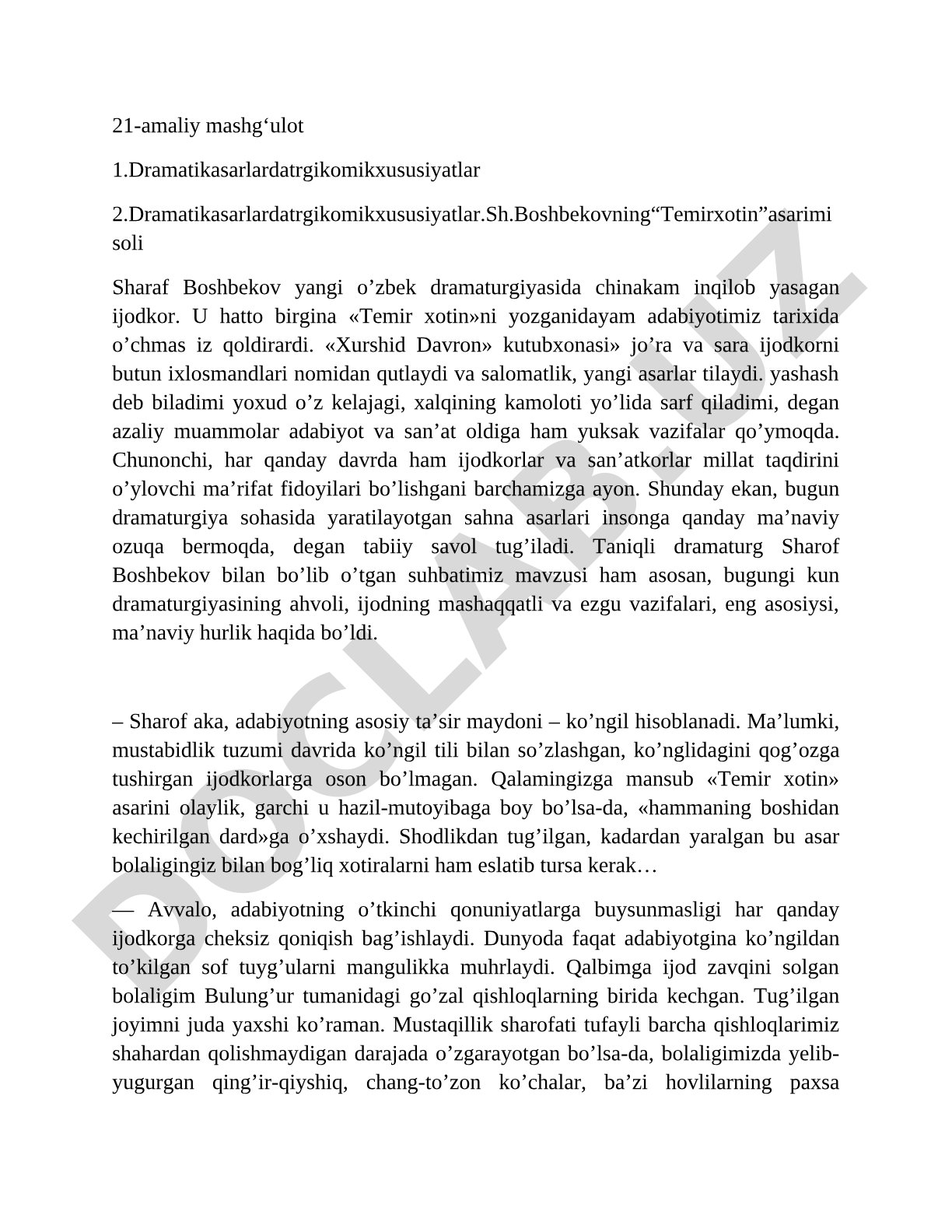 Dramatik asarlarda tragikomik xususiyatlar: 'Temir xotin' misolida