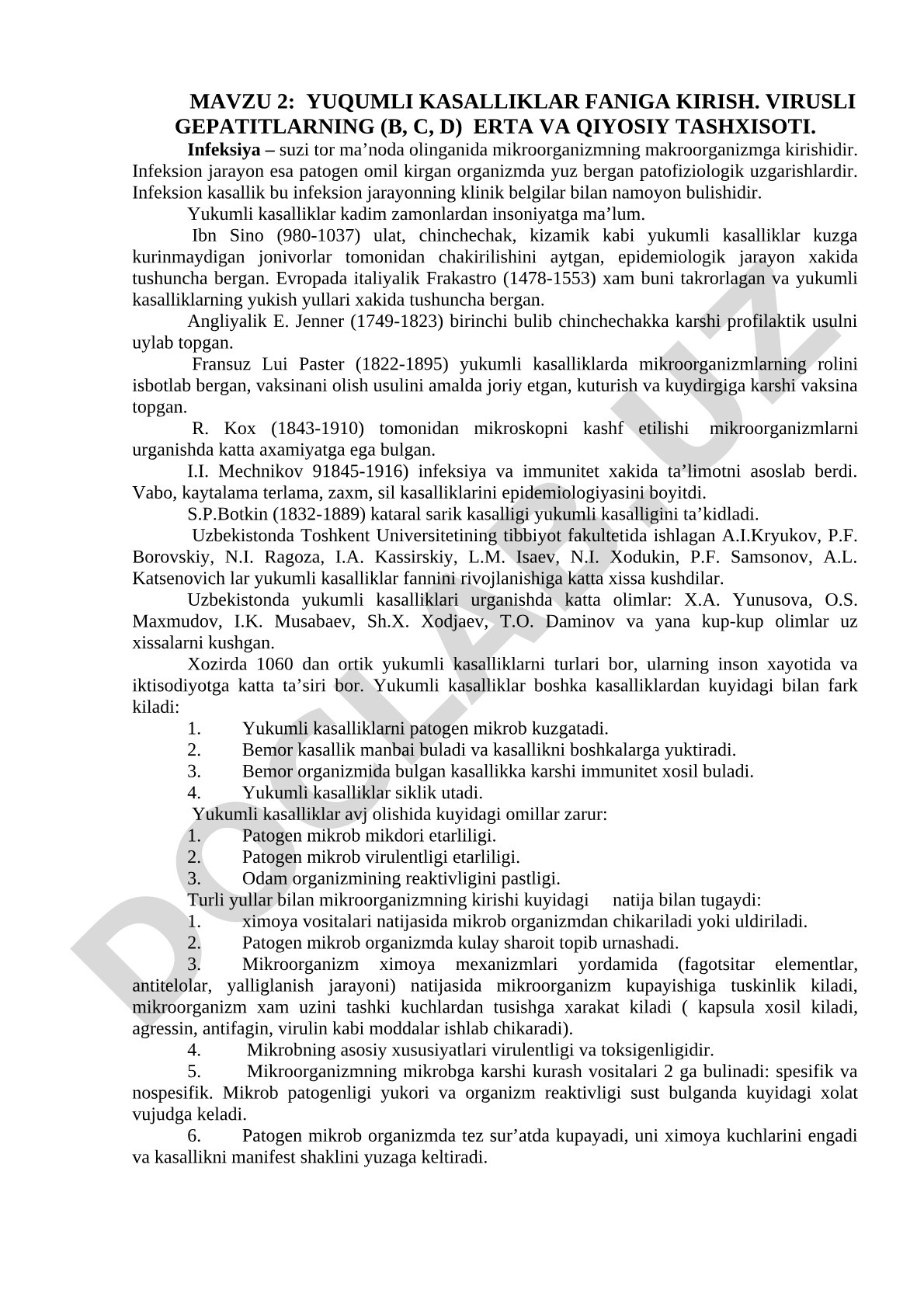 Yuqumli kasalliklar faniga kirish. Virusli gepatitlarning (B, C, D) erta va qiyosiy tashxisoti