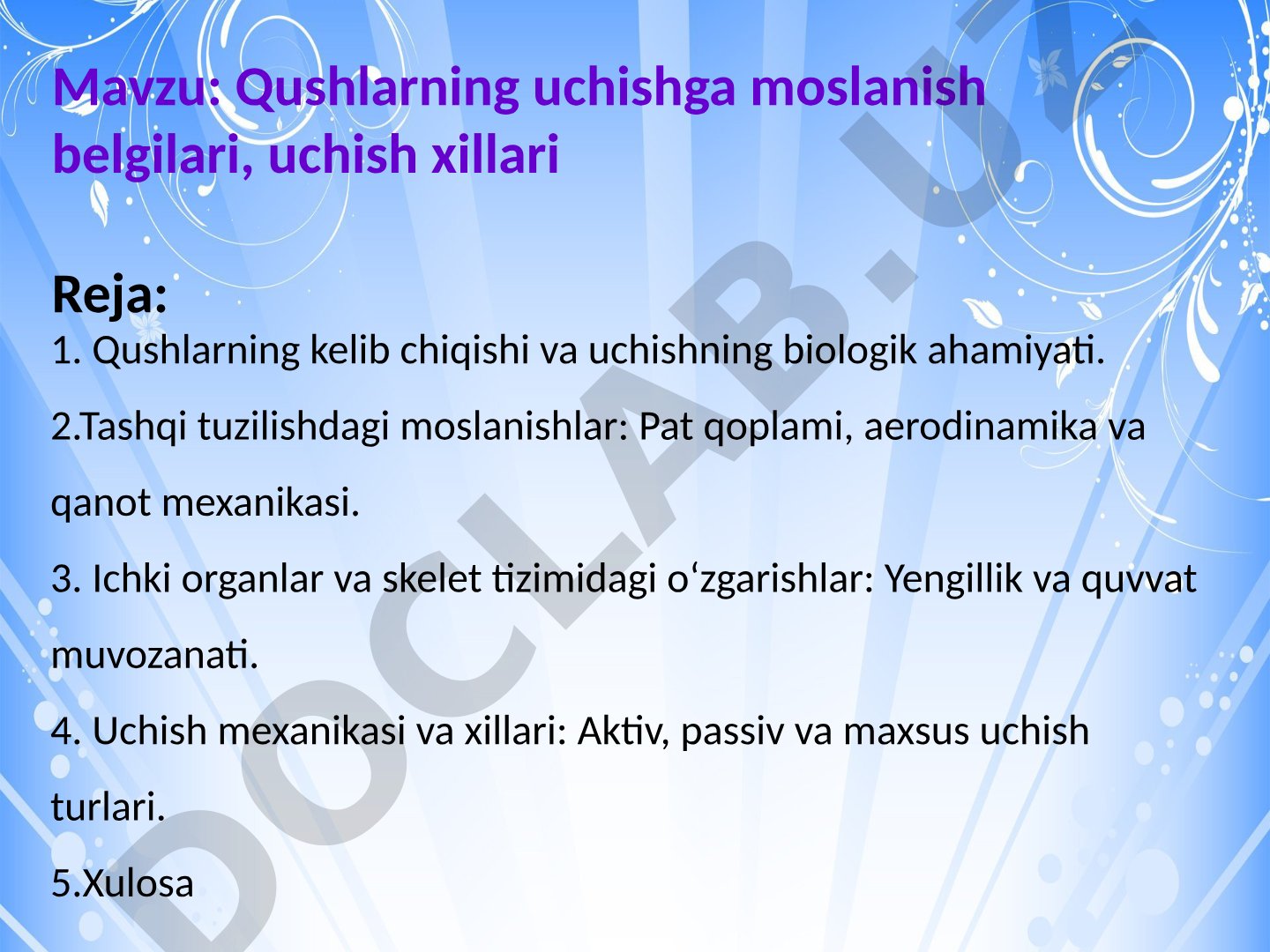 Qushlarning uchishga moslanish belgilari, uchish xillari