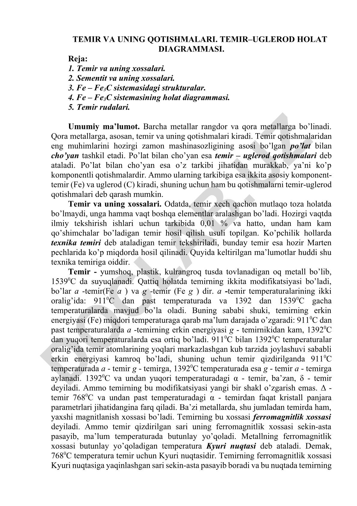 Temir va uning qotishmalari, temir-uglerod holat diagrammasi