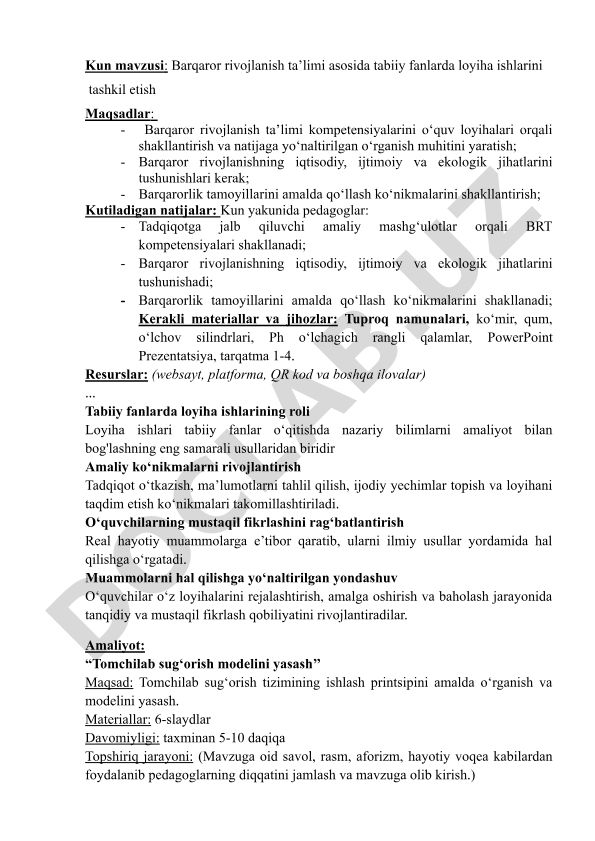 Barqaror rivojlanish ta’limi asosida tabiiy fanlarda loyiha ishlarini tashkil etish