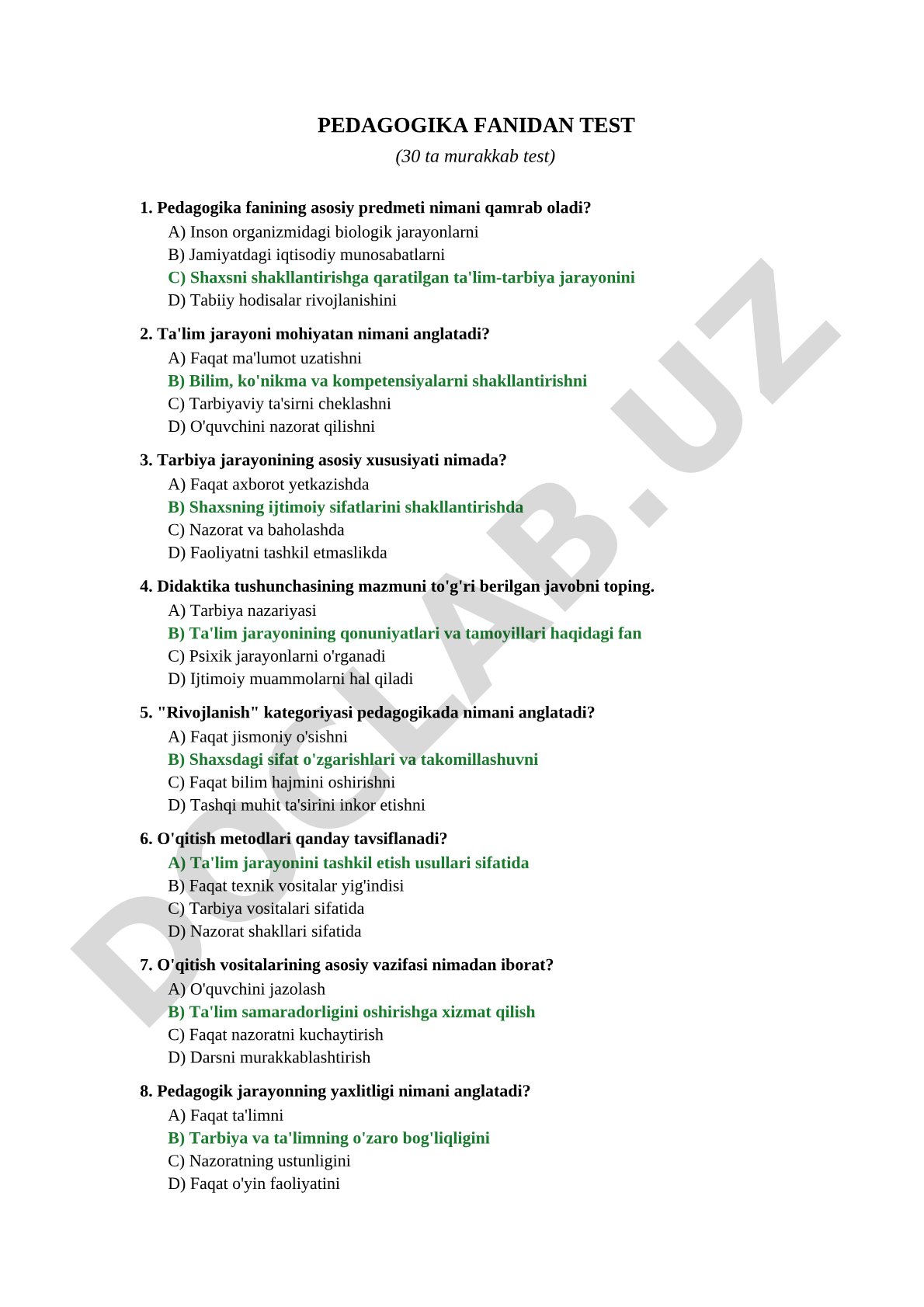 Pedagogika fanidan test (30 ta murakkab test)