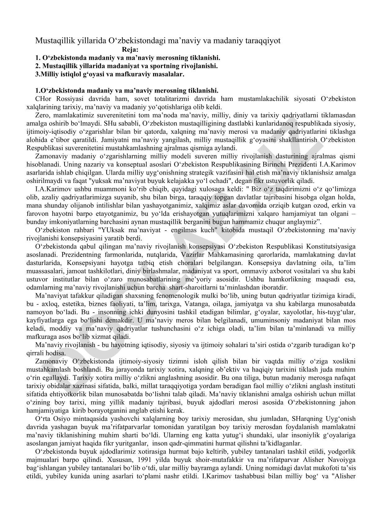 Mustaqillik yillarida O‘zbekistondagi ma’naviy va madaniy taraqqiyot