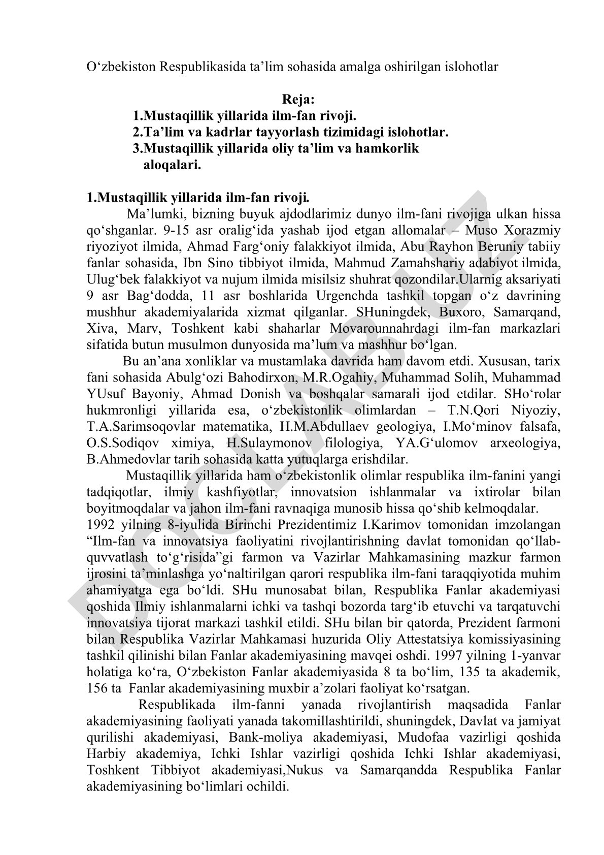 O‘zbekistonda ta’lim sohasidagi islohotlar va ilm-fan rivoji