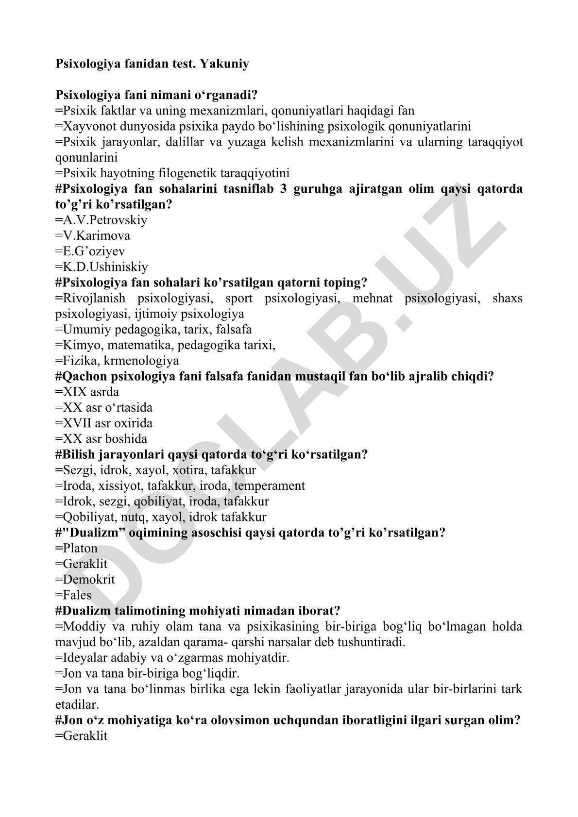 Psixologiya fanidan test savollari