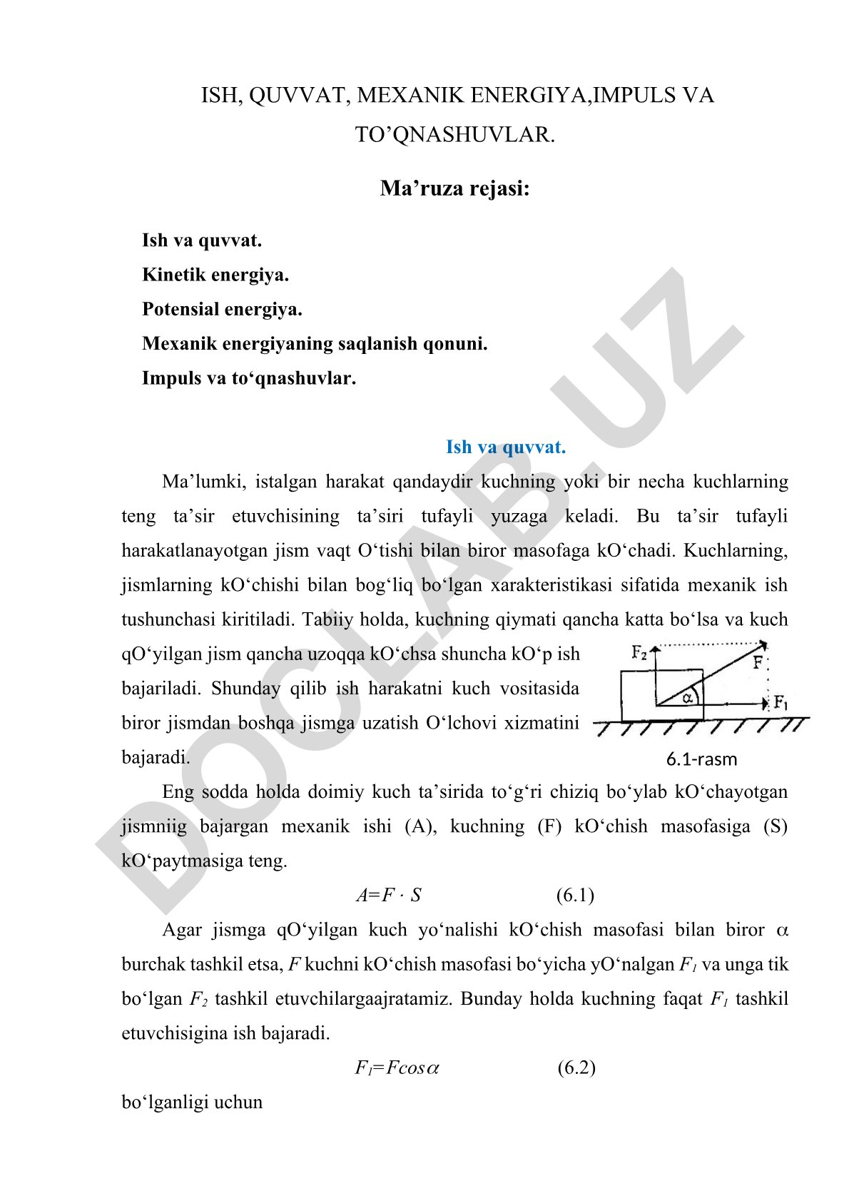 Ish, quvvat, mexanik energiya, impuls va to'qnashuvlar