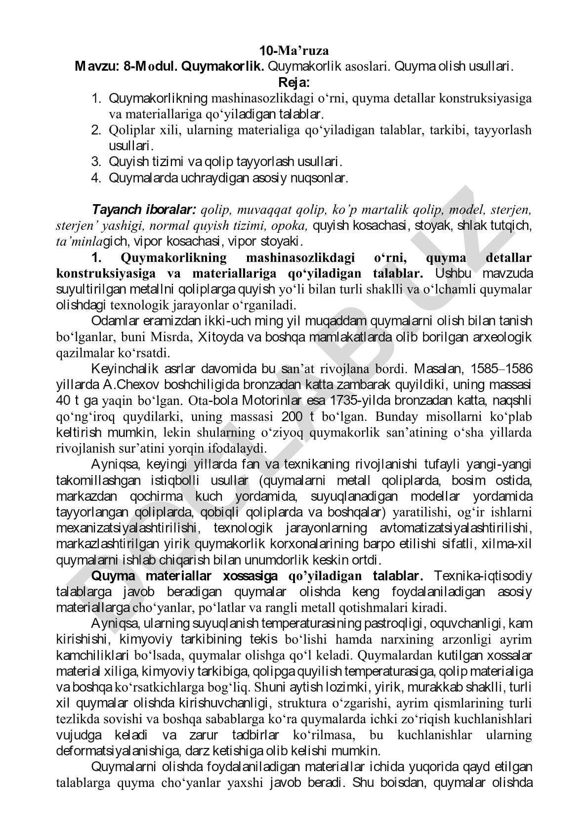 8-Modul. Quymakorlik asoslari va quyma olish usullari