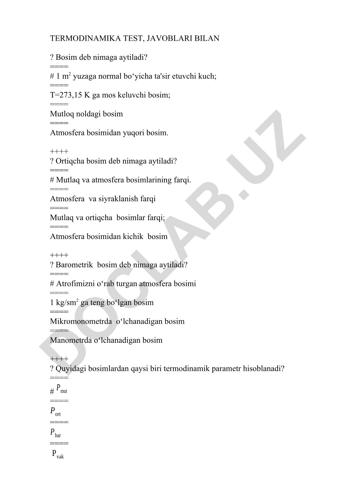 Termodinamika test savollari va javoblari