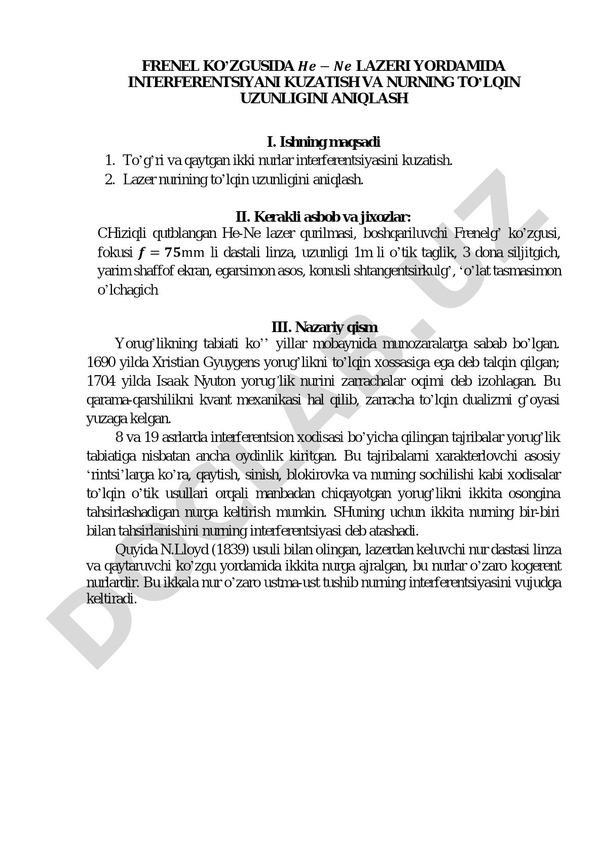 Frenel ko'zgusida He-Ne lazeri yordamida interferentsiyani kuzatish va nurning to'lqin uzunligini aniqlash