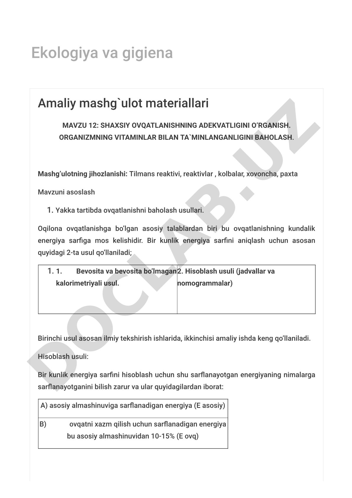 Shaxsiy ovqatlanishning adekvatligini o'rganish. Organizmning vitaminlar bilan ta'minlanganligini baholash