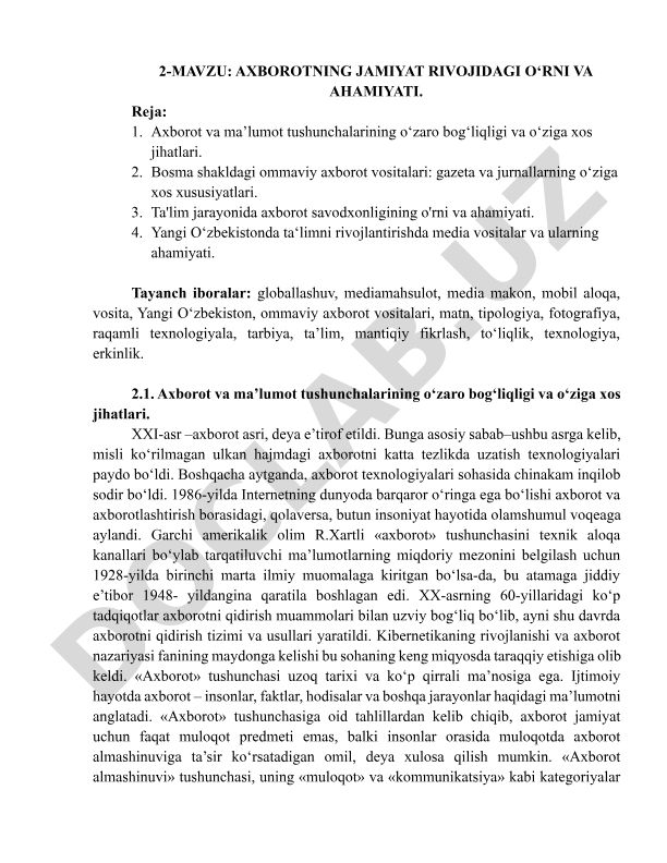 Axborotning jamiyat rivojidagi o‘rni va ahamiyati