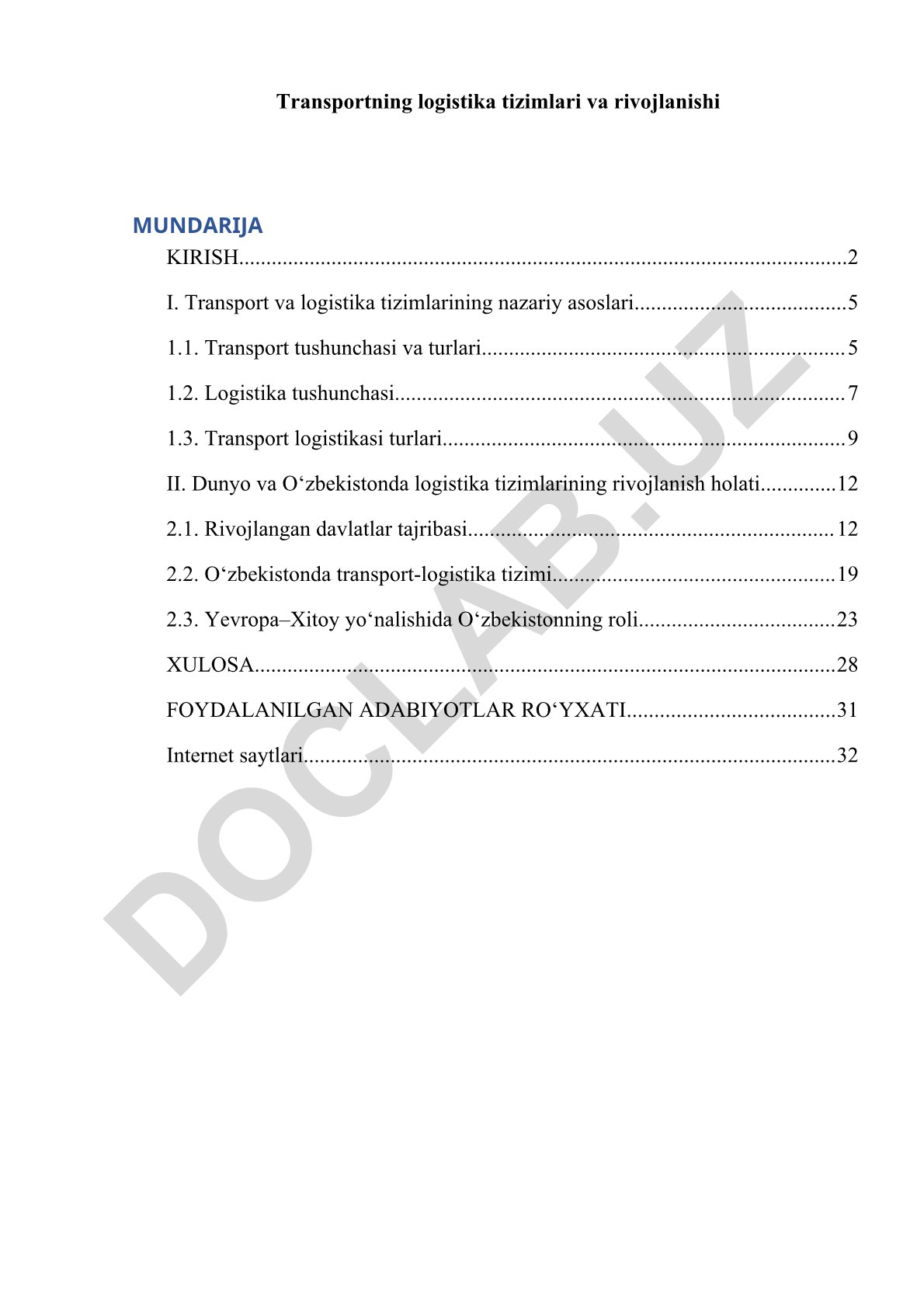 Transport logistika tizimlari va ularning rivojlanishi