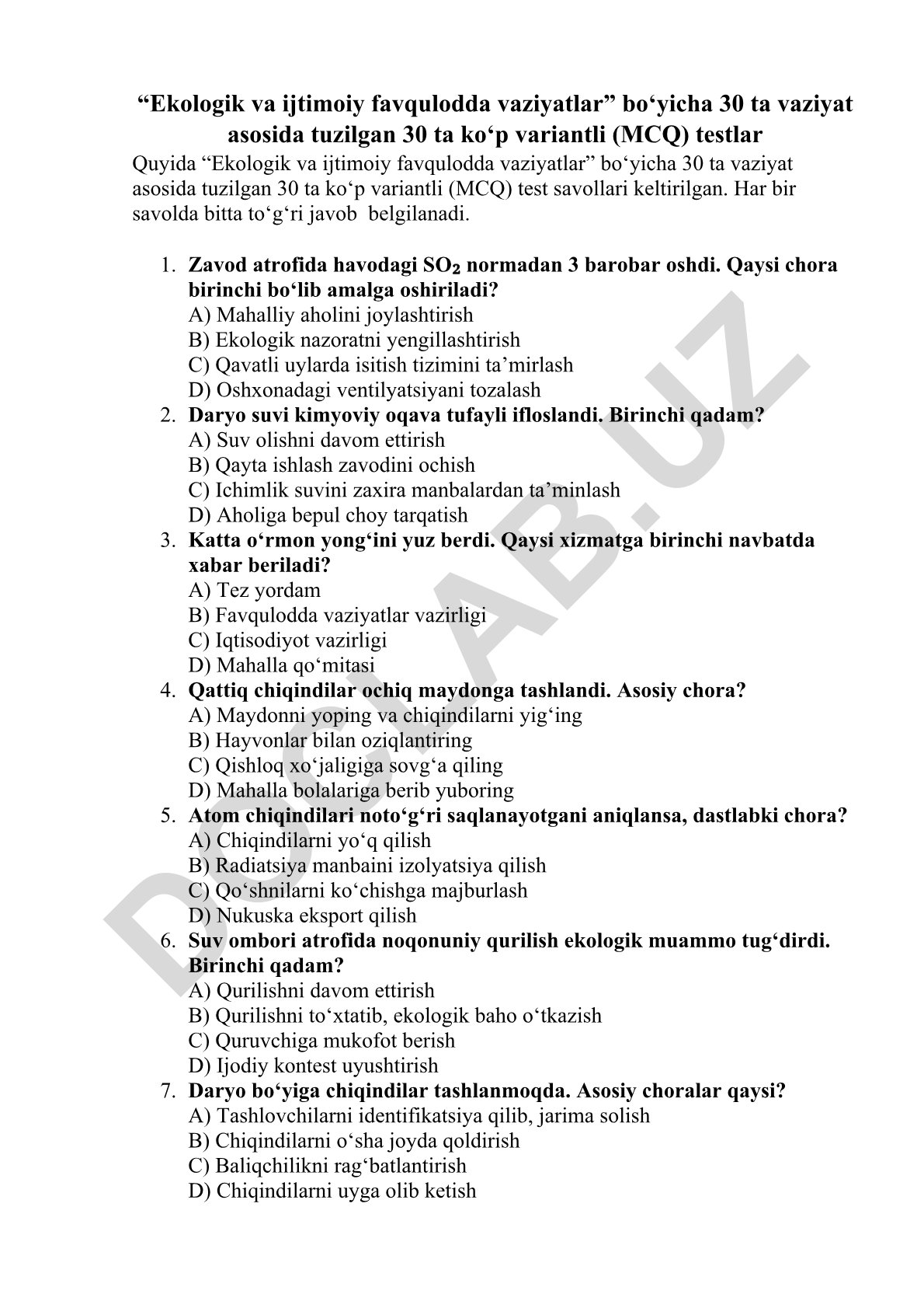 Ekologik va ijtimoiy favqulodda vaziyatlar bo'yicha test savollari