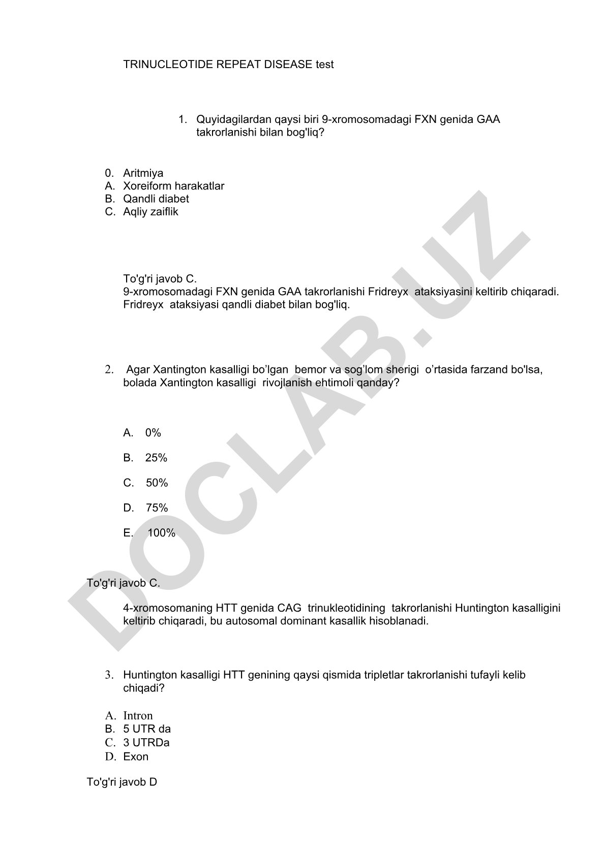 Trinukleotid takrorlanish kasalliklari test savollari