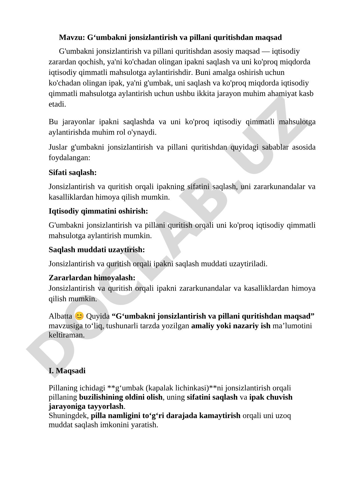 G‘umbakni jonsizlantirish va pillani quritishdan maqsad