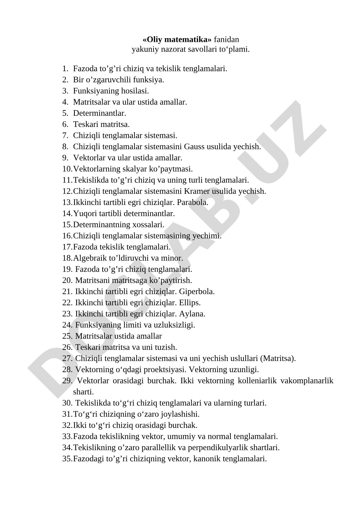 Oliy matematika fanidan yakuniy nazorat savollari to'plami