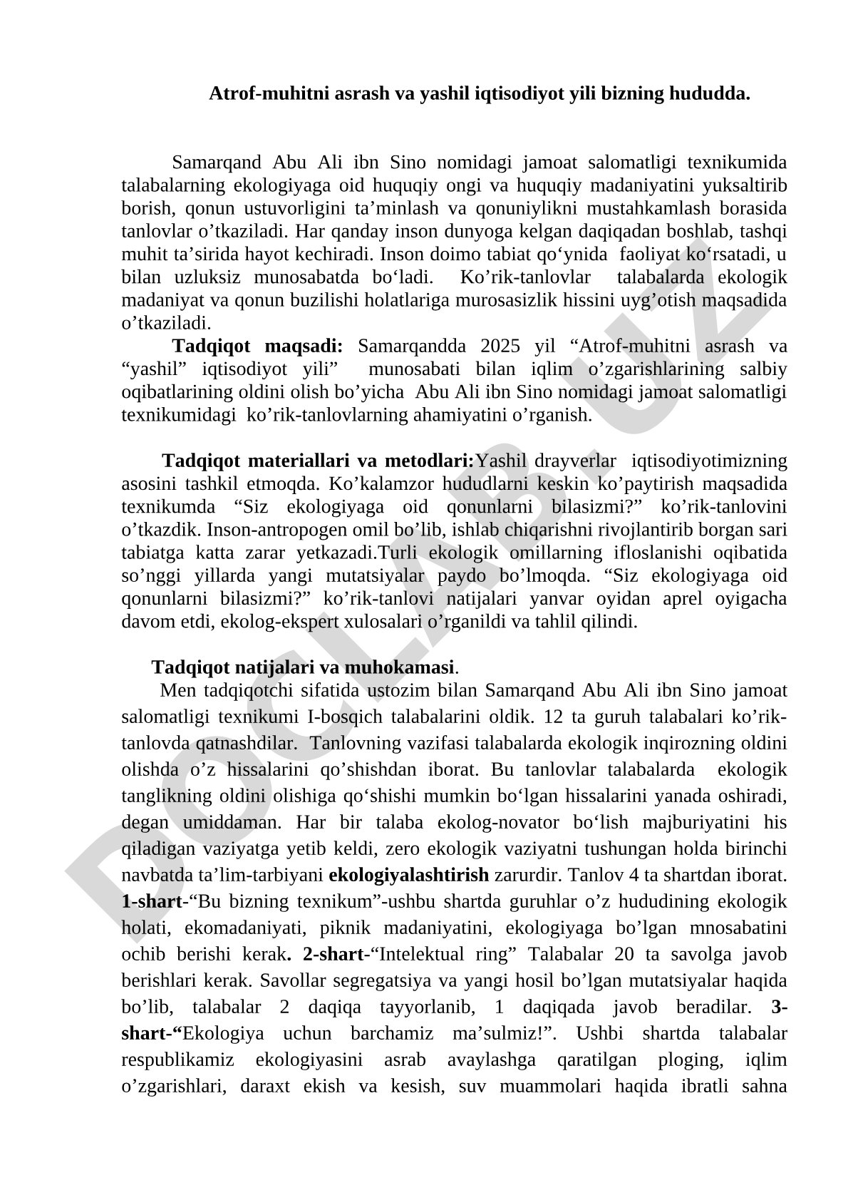 Atrof-muhitni asrash va yashil iqtisodiyot yili
