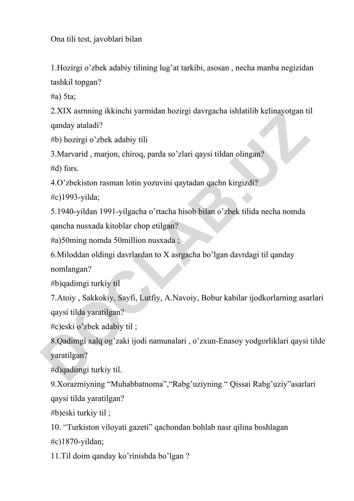 O'zbek tili tarixi va rivojlanishi testi