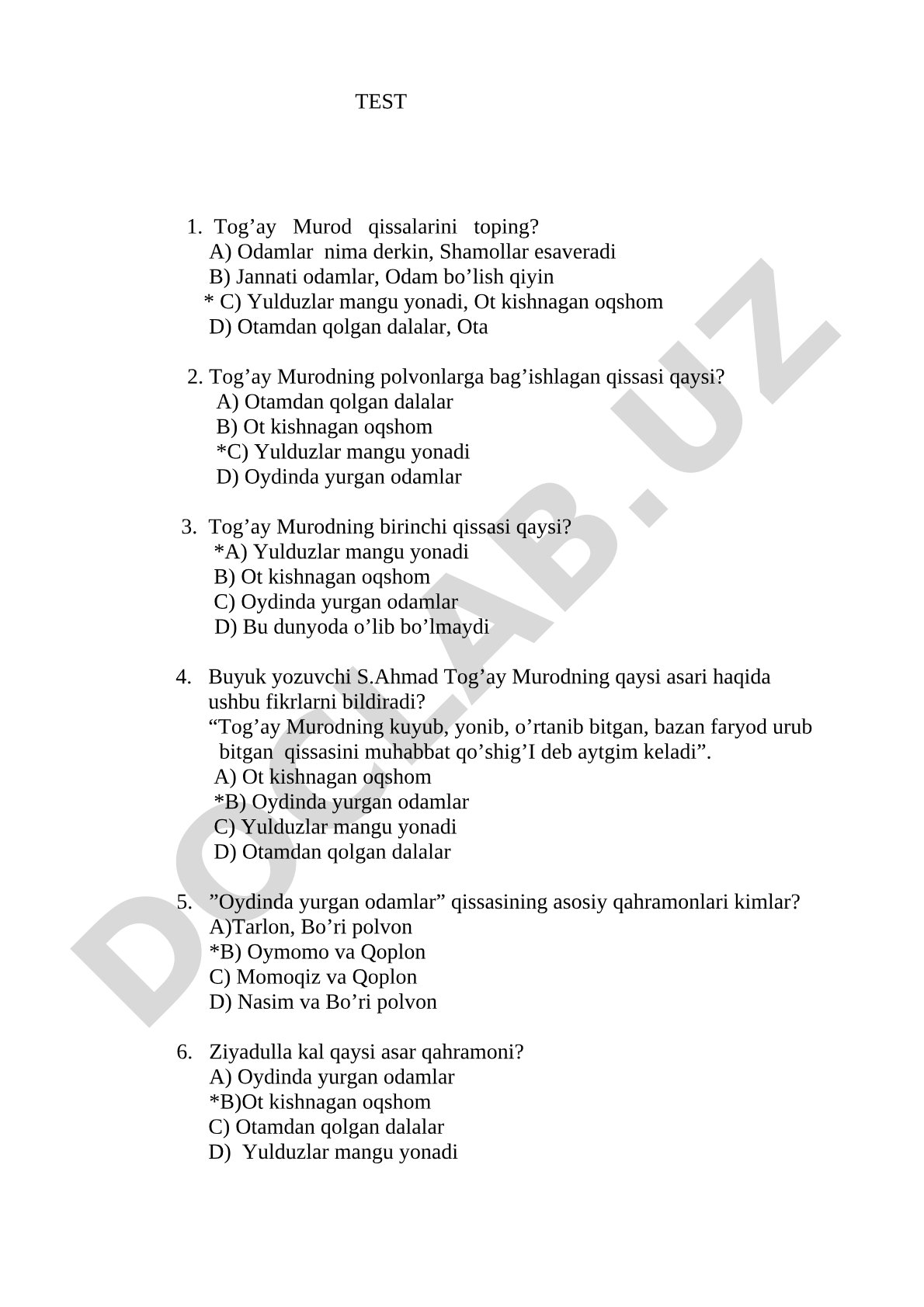 Tog'ay Murod qissalari bo'yicha test