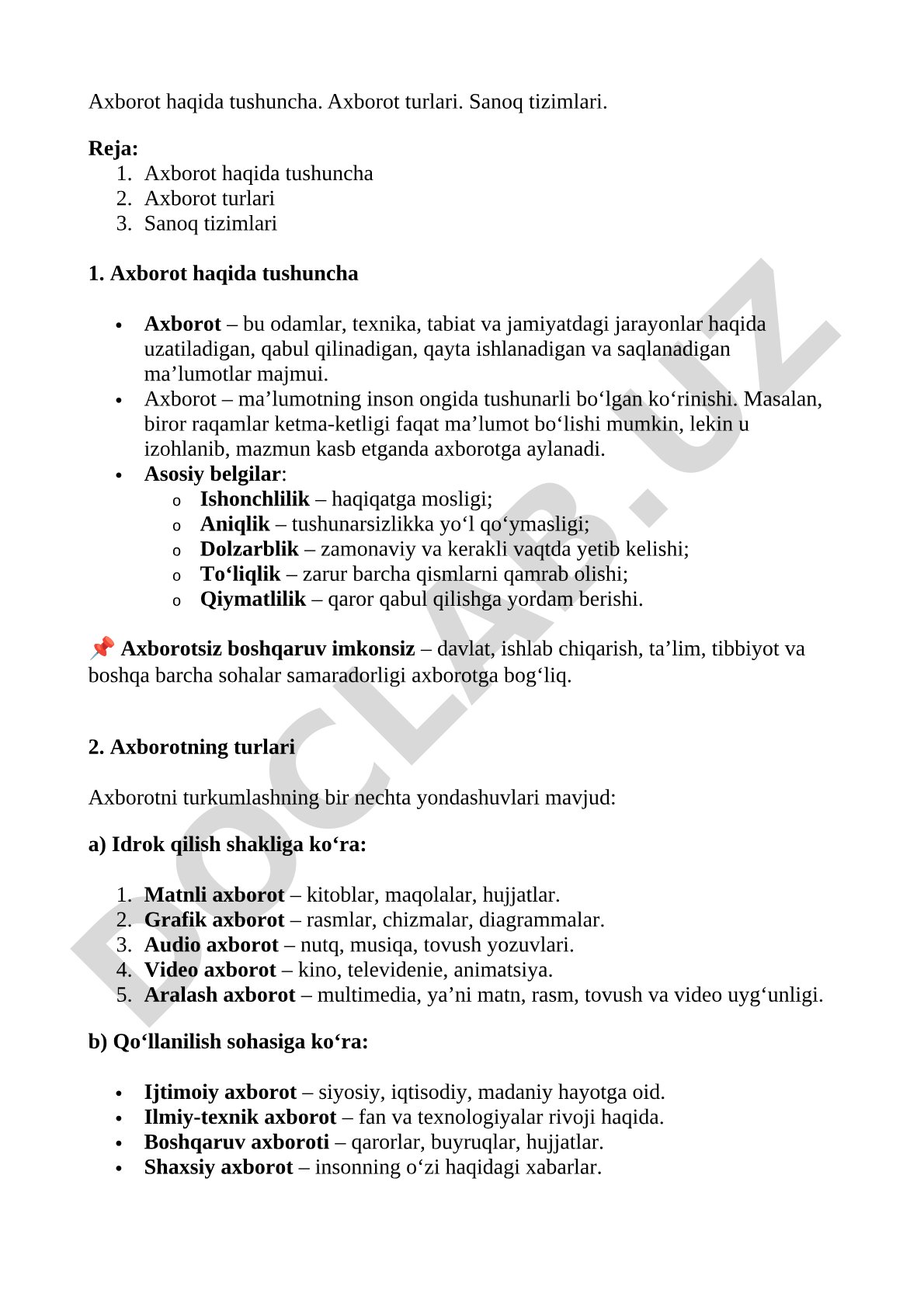 Axborot haqida tushuncha, turlari va sanoq tizimlari