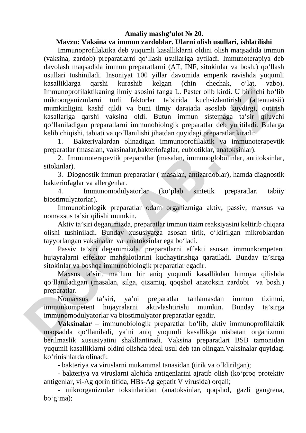 Vaksina va immun zardoblar: olish usullari, ishlatilishi