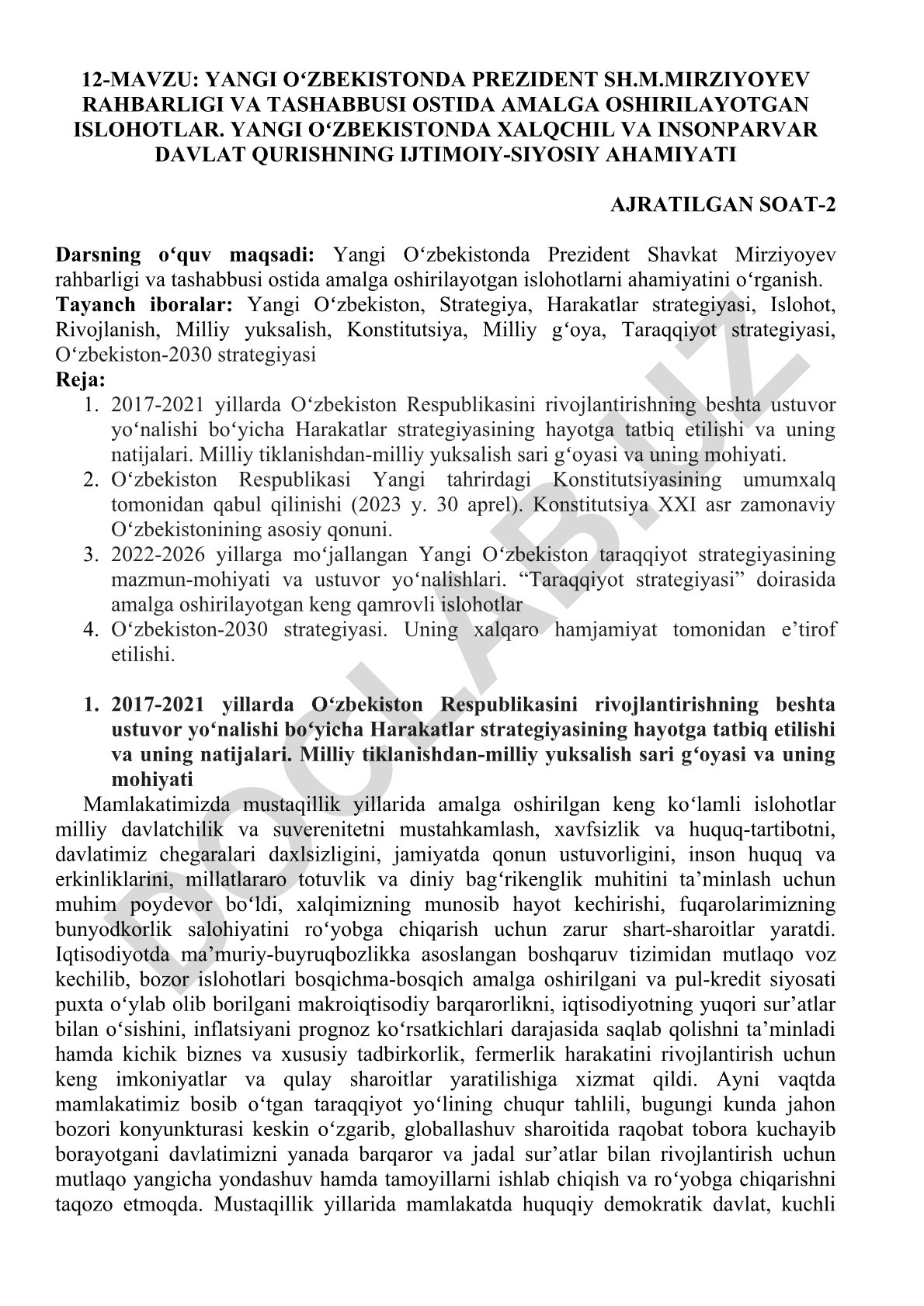 Yangi Oʻzbekistonda Prezident Sh.M.Mirziyoyev rahbarligi va tashabbusi ostida amalga oshirilayotgan islohotlar