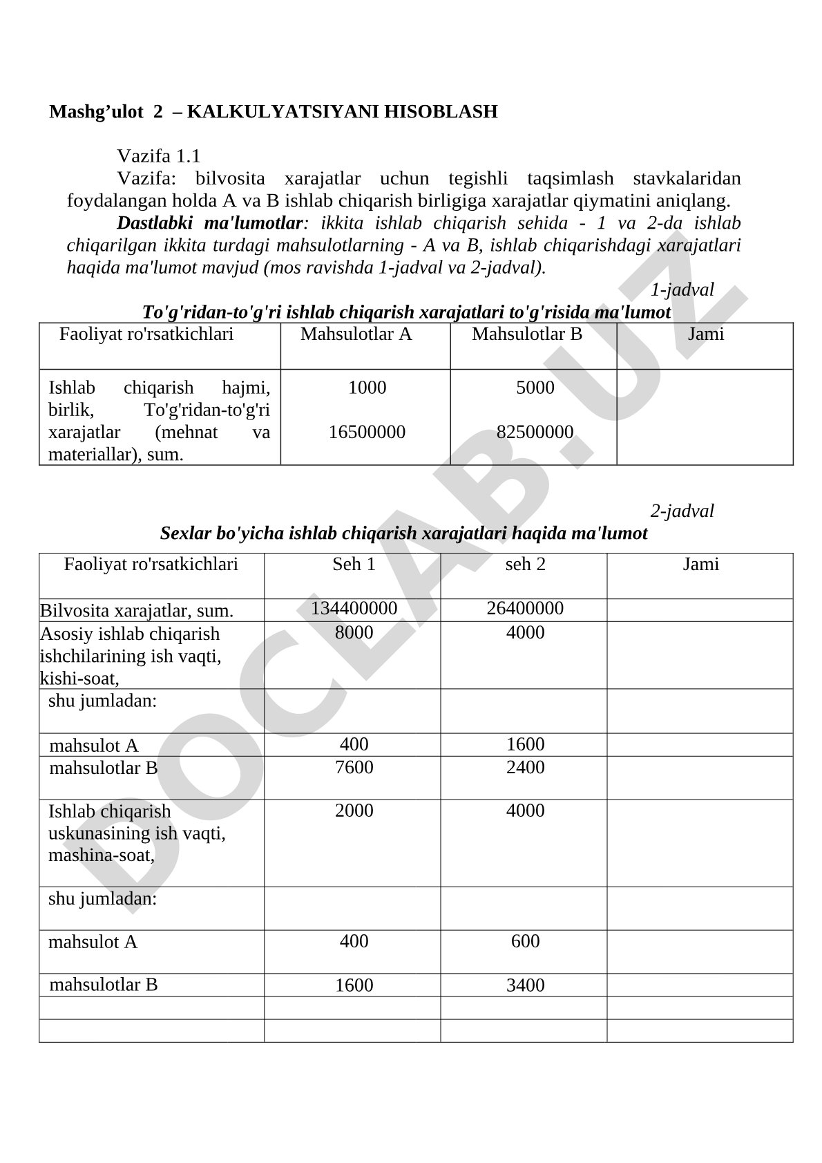 Kalkulyatsiyani hisoblash - bilvosita xarajatlarni taqsimlash