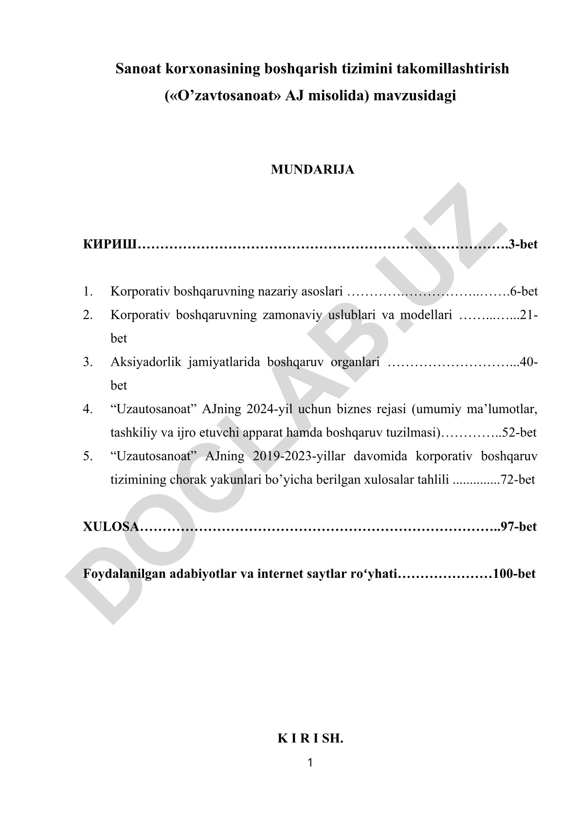 Sanoat korxonasining boshqarish tizimini takomillashtirish («O’zavtosanoat» AJ misolida)
