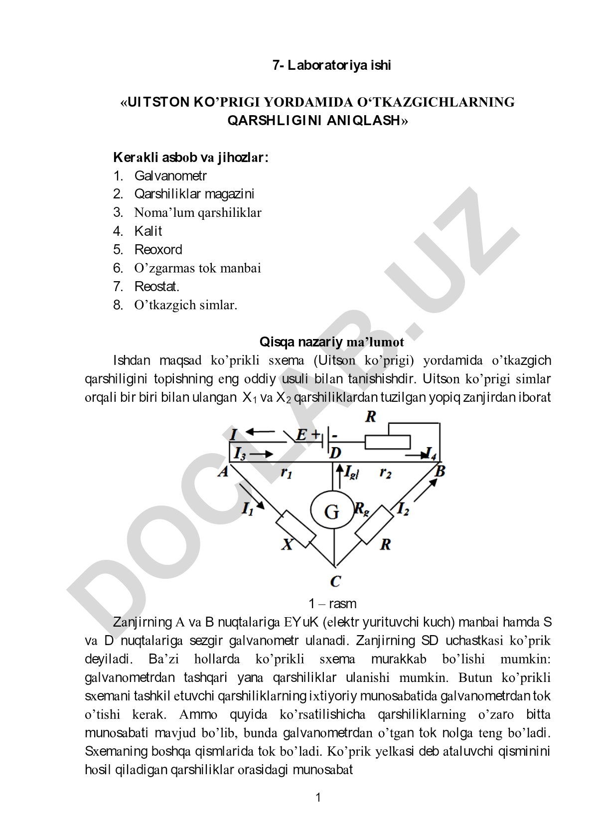 Uitson ko'prigi yordamida o'tkazgichlarning qarshiligini aniqlash