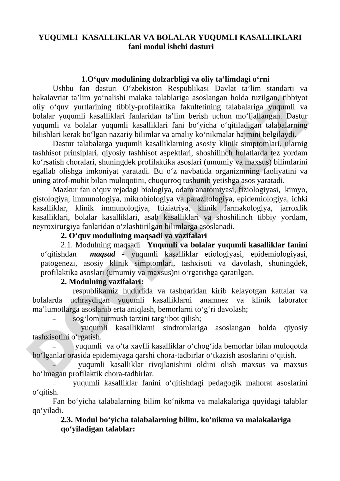 Yuqumli kasalliklar va bolalar yuqumli kasalliklari fani modul ishchi dasturi