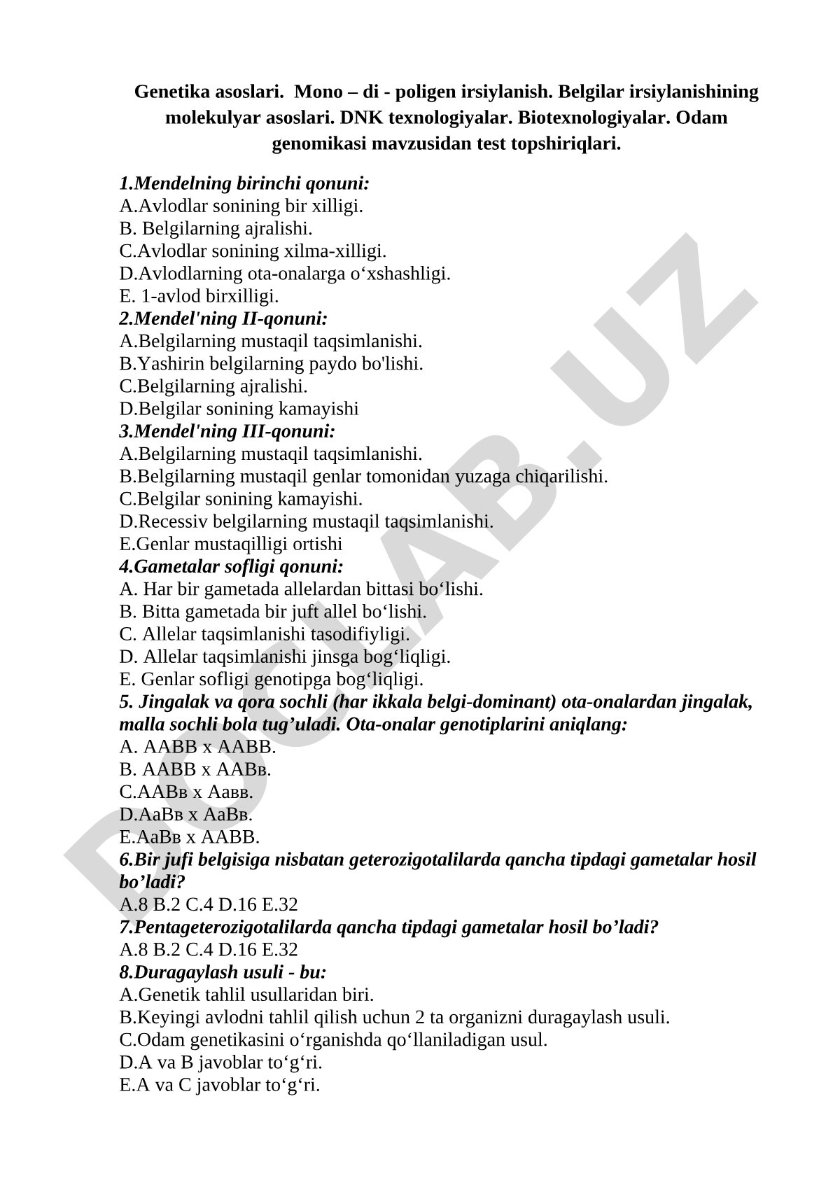 Genetika asoslari va Mendel qonunlari test topshiriqlari